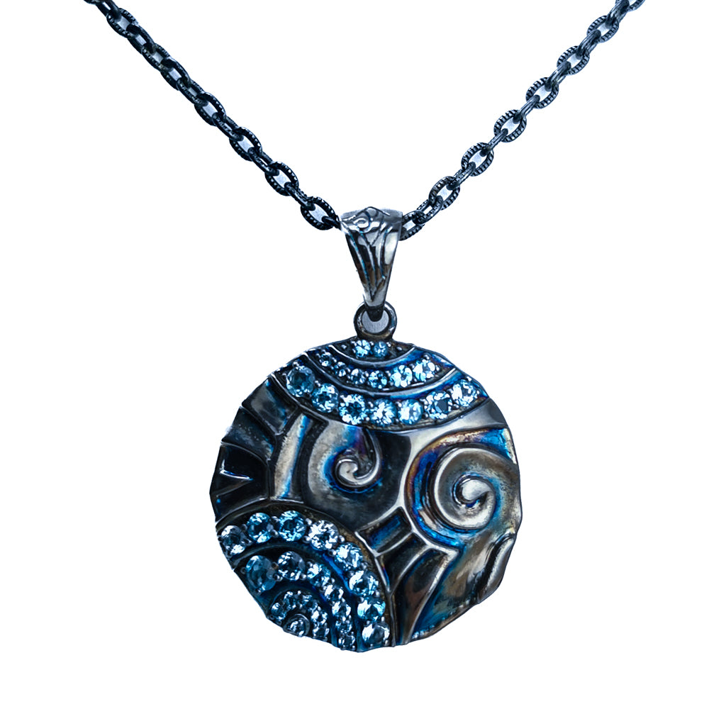 Black Ice swirl medallion pendant in black rhodium-plated sterling silver with London Blue Topaz.