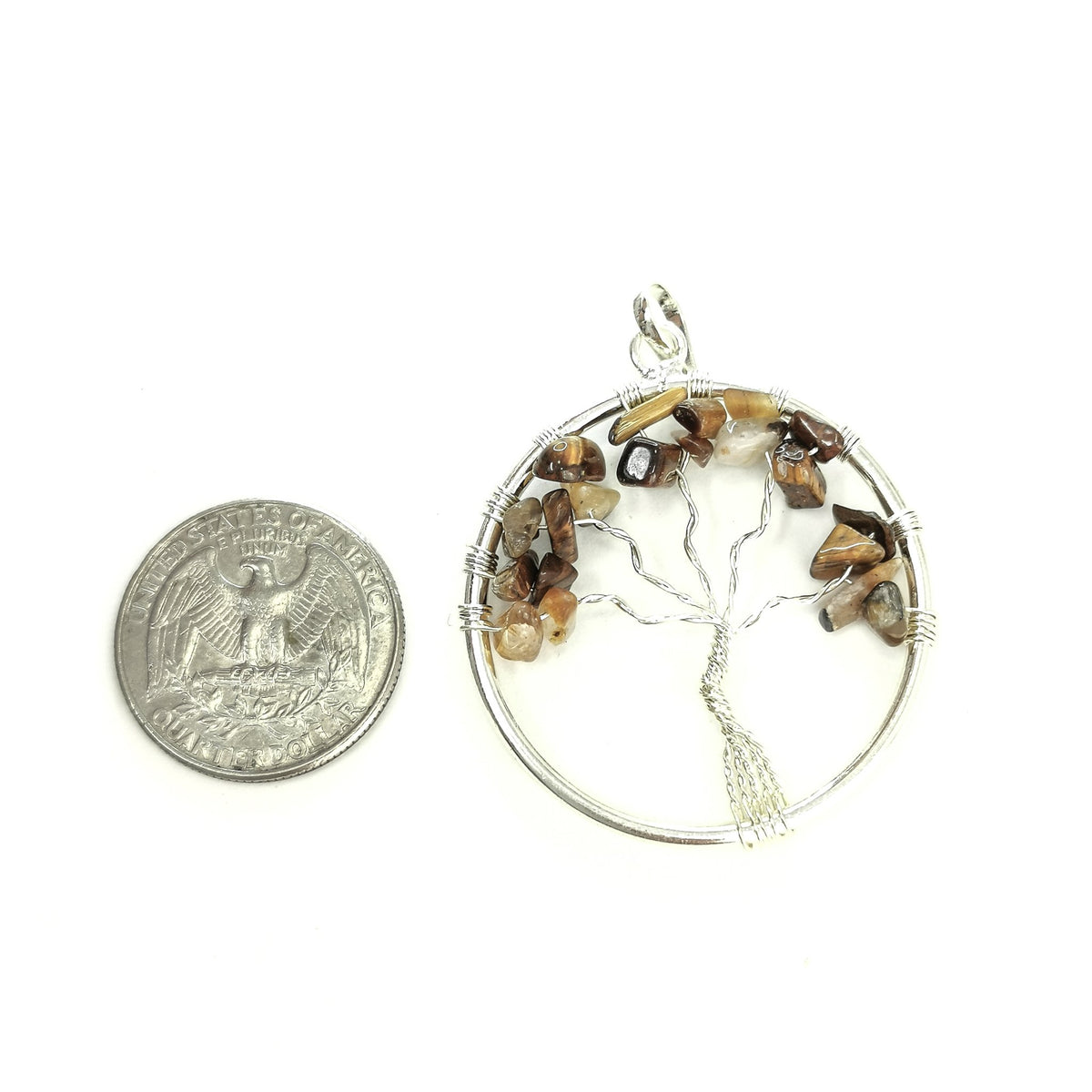 Tree of Life wire wrap pendant – pendant beside a coin