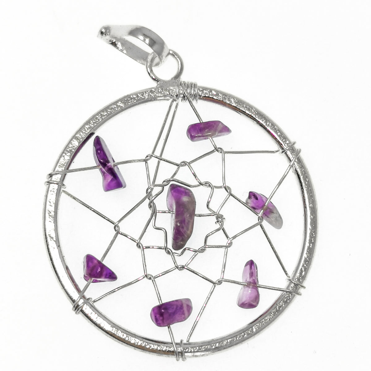 Dreamcatcher pendant in fine silver-plated base metal.