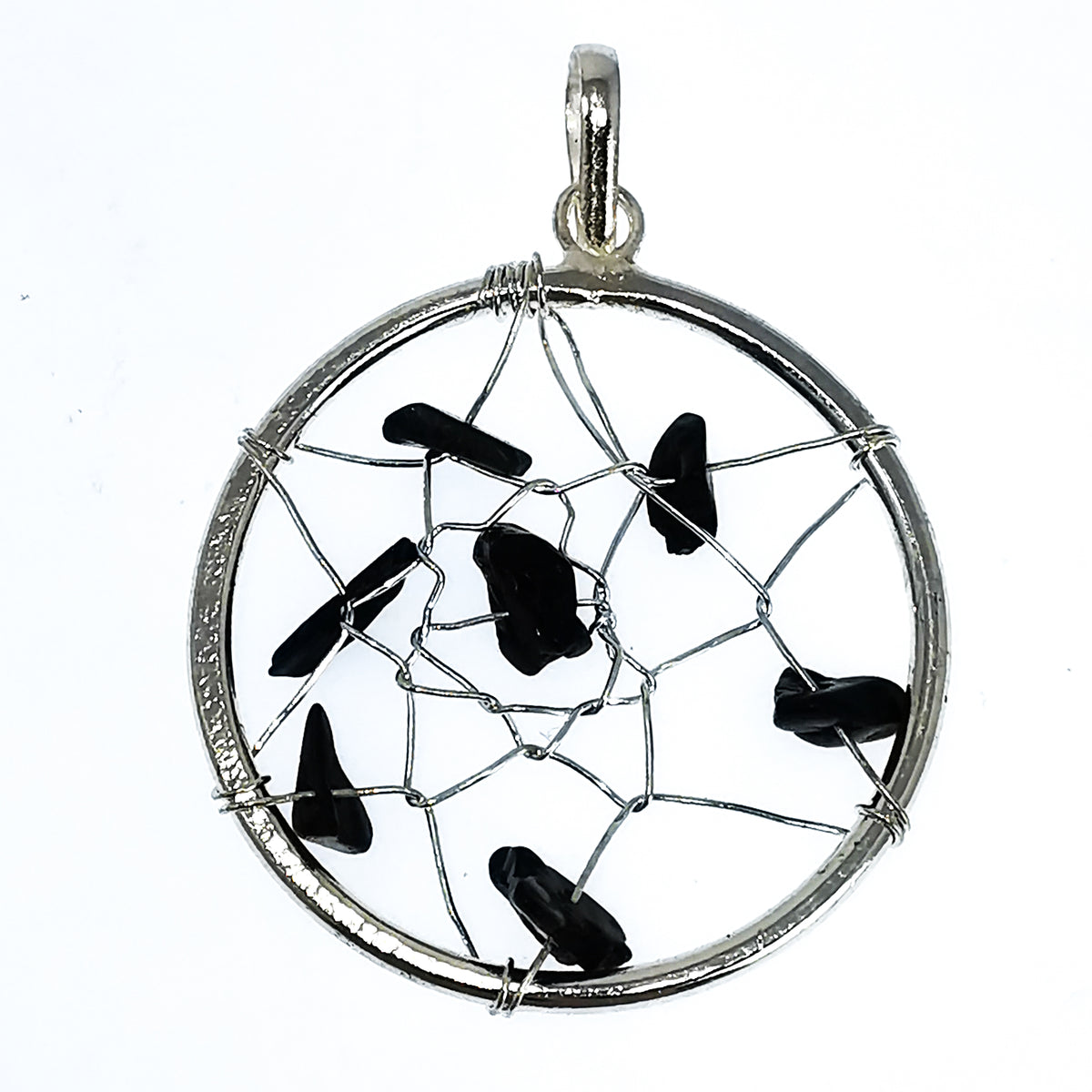 Dreamcatcher pendant in fine silver-plated base metal.