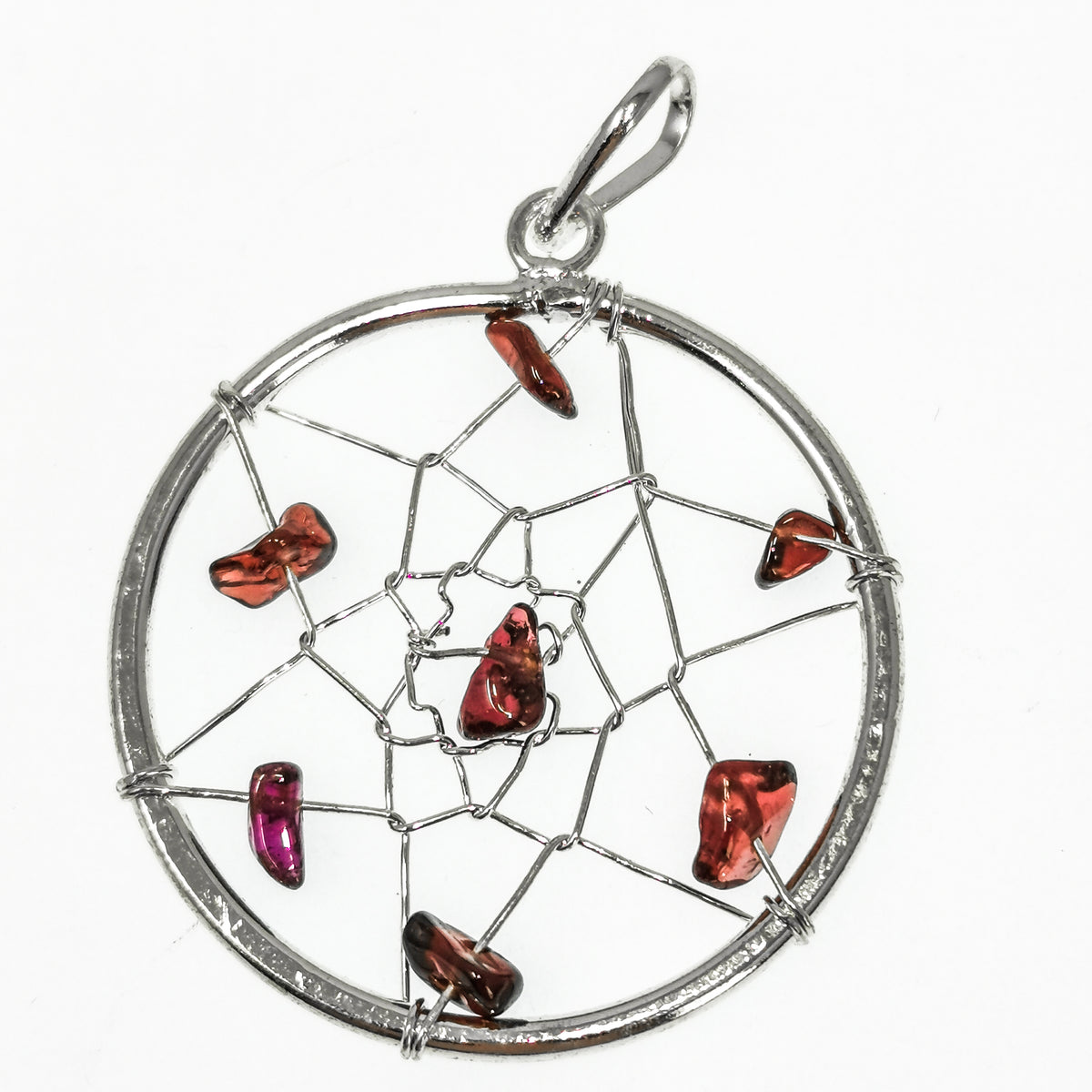 Dreamcatcher pendant in fine silver-plated base metal.