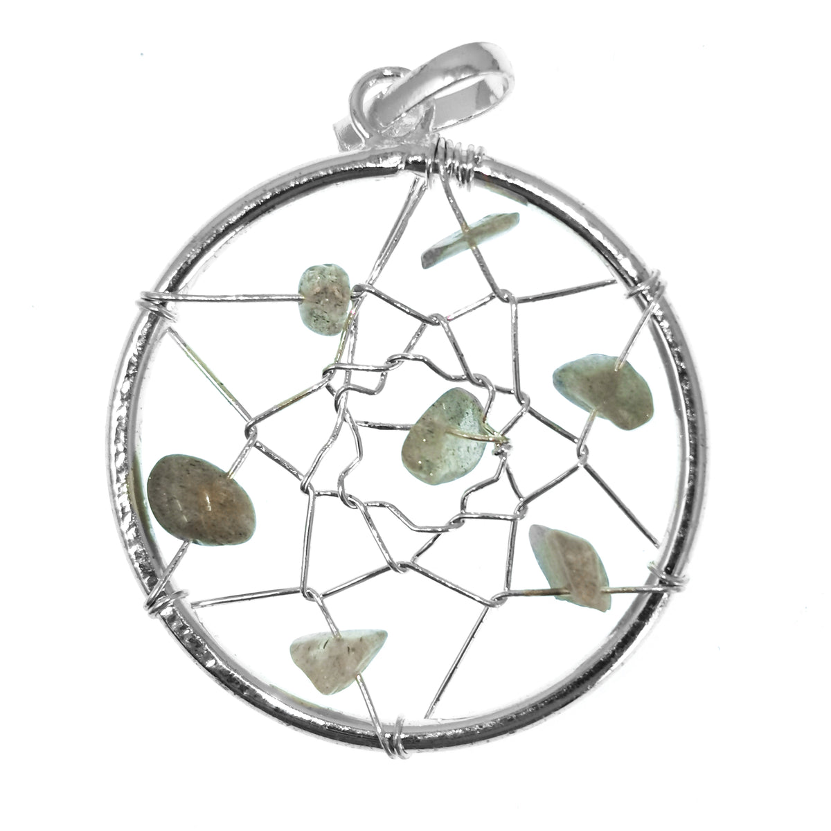 Dreamcatcher pendant in fine silver-plated base metal.