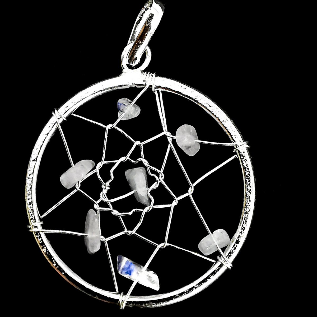 Dreamcatcher pendant in fine silver-plated base metal.