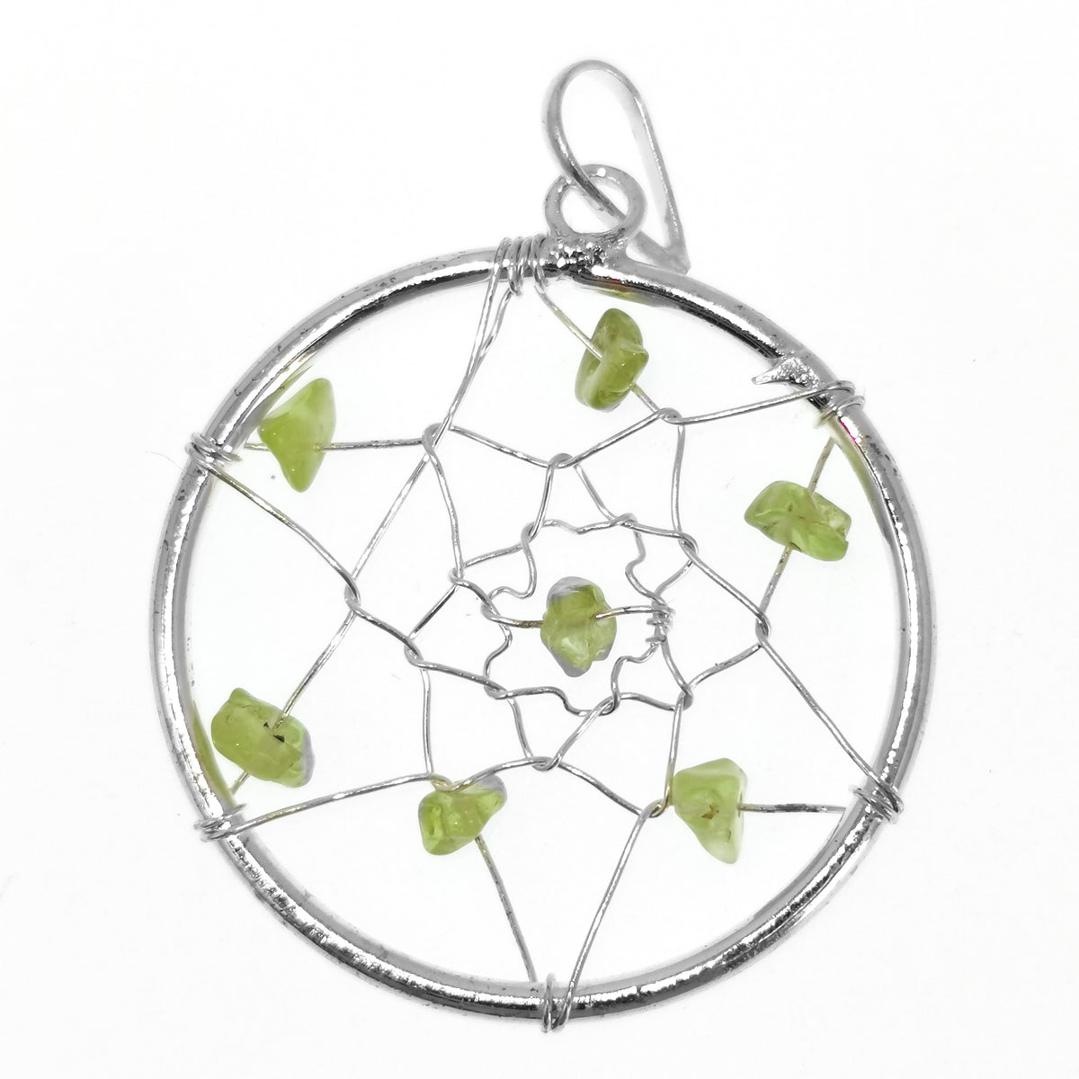 Dreamcatcher pendant in fine silver-plated base metal.