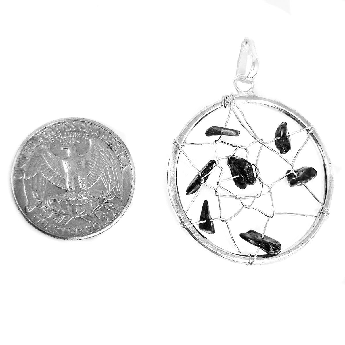 Dreamcatcher pendant in fine silver-plated base metal.
