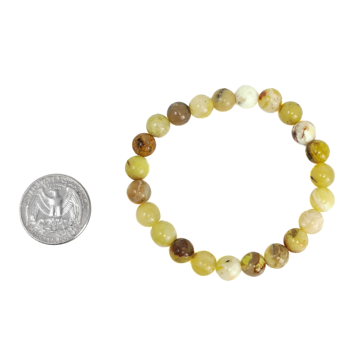 Yellow opal bead bracelet – bracelet beside a coin for scale
