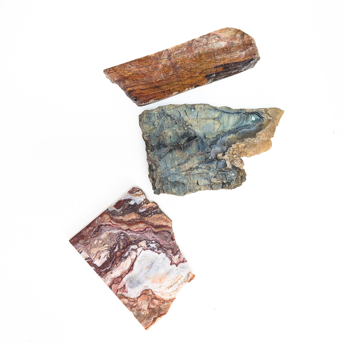 Assorted lapidary slab – three slabs, top view