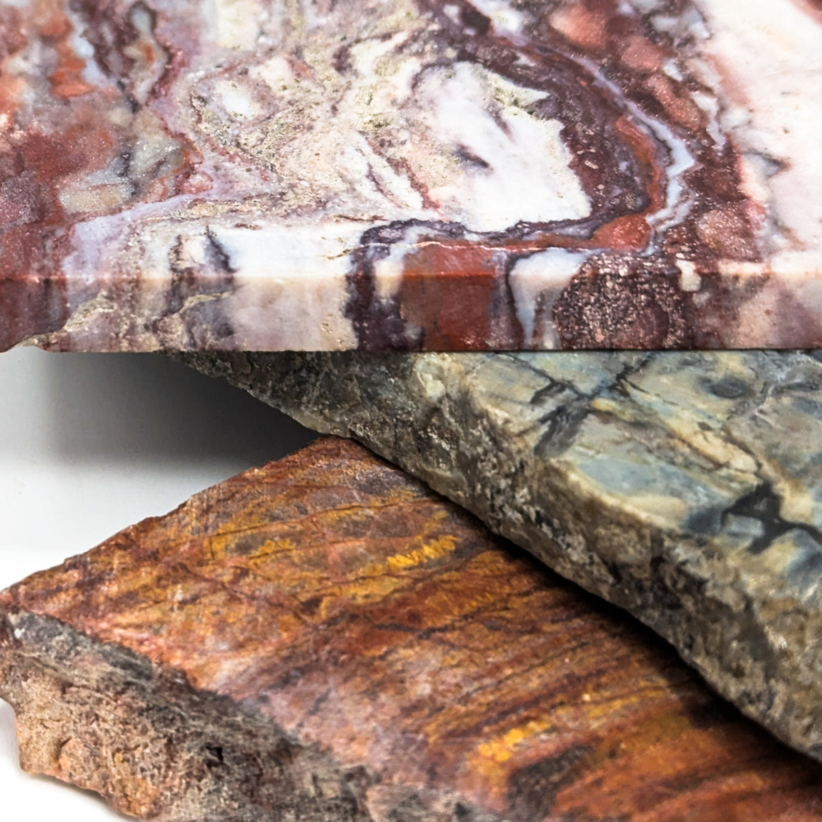 Assorted lapidary slab – close-up of red and pink slab