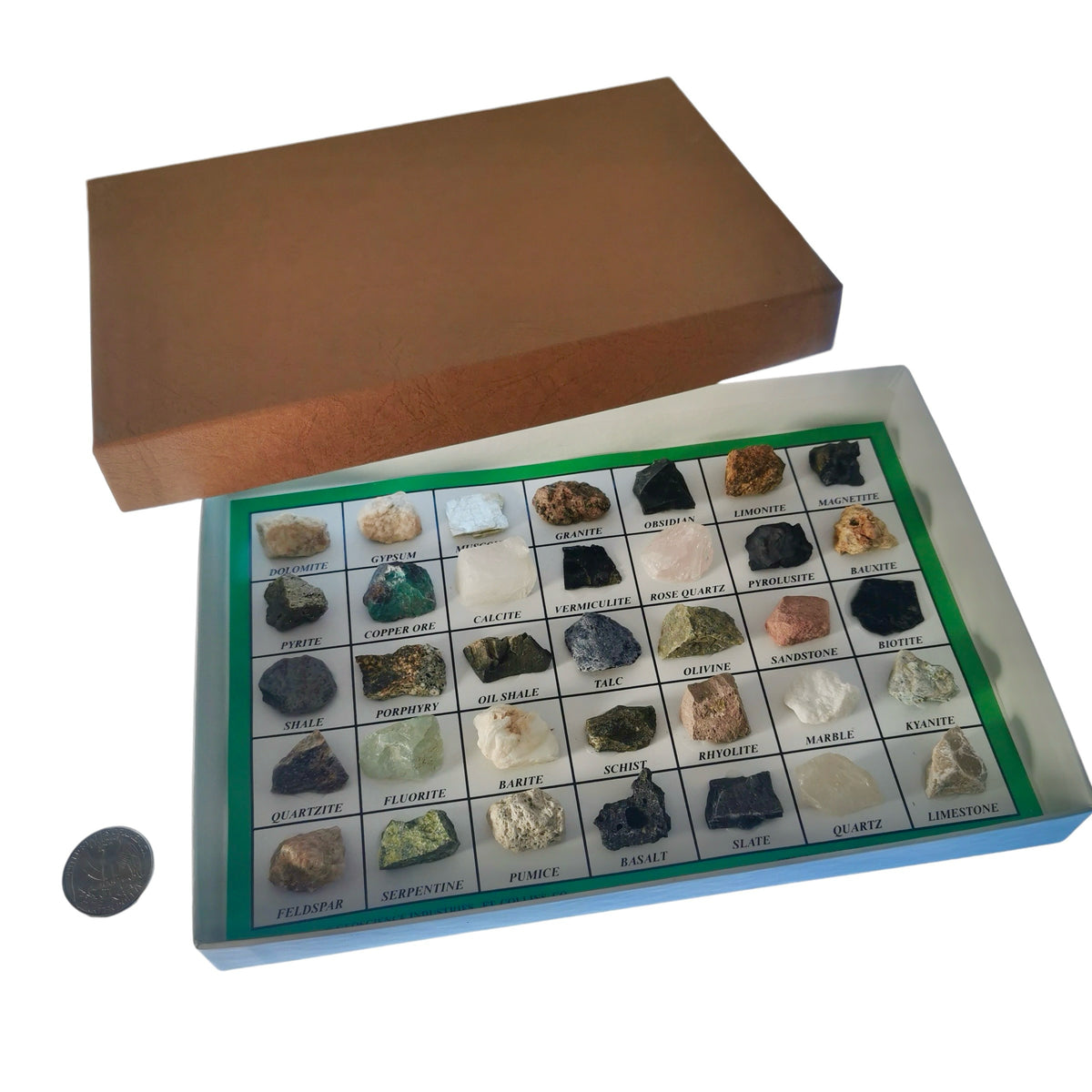 35 piece mineral set: box and lid beside a coin