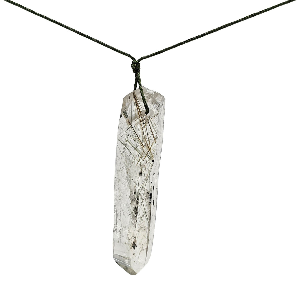 Actinolite quartz drilled pendant, BC: single point on a cord