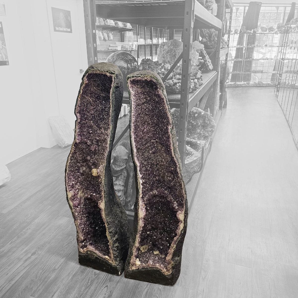 Amethyst cathedral geode pair statement specimen, a variety of quartz, from Rio Grande do Sul, Brazil.