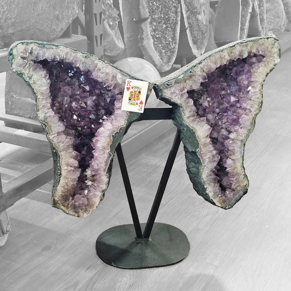 Amethyst butterfly geode on stand statement specimen, a variety of quartz, from Ametista do Sul, Rio Grande do Sul, Brazil.