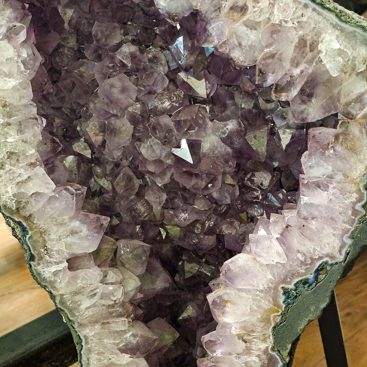 Amethyst butterfly geode on stand statement specimen, a variety of quartz, from Ametista do Sul, Rio Grande do Sul, Brazil.