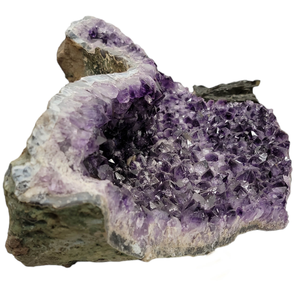 Amethyst half-moon geode statement specimen, a variety of quartz.