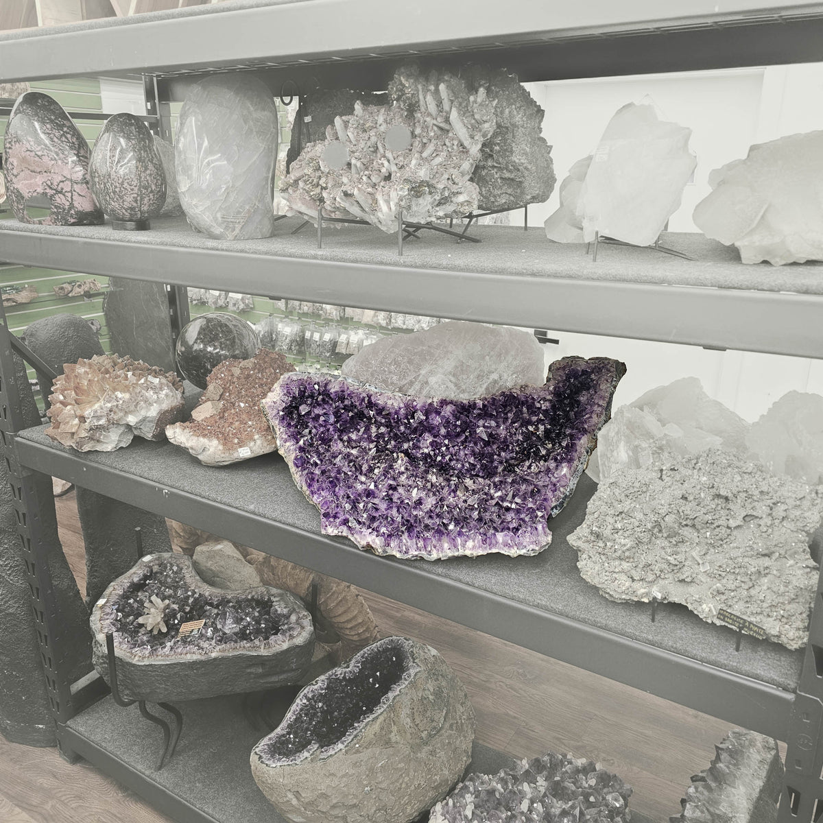 Amethyst half-moon geode statement specimen, a variety of quartz.