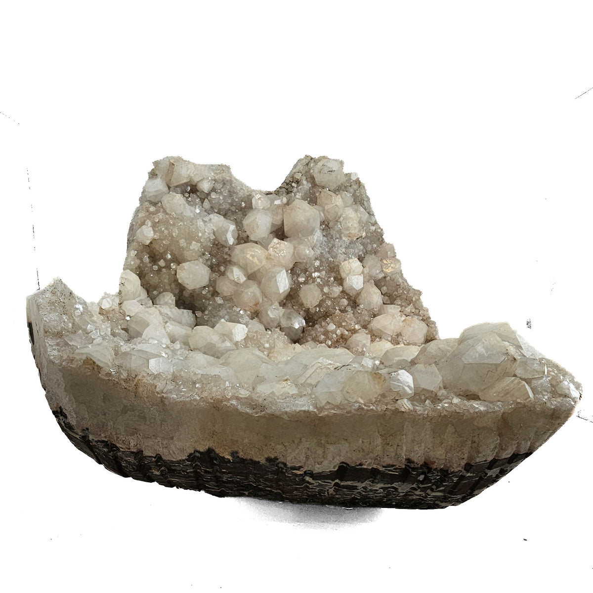 Apophyllite on quartz specimen from Maharashtra, India – side view of the crystal bowl and basalt base