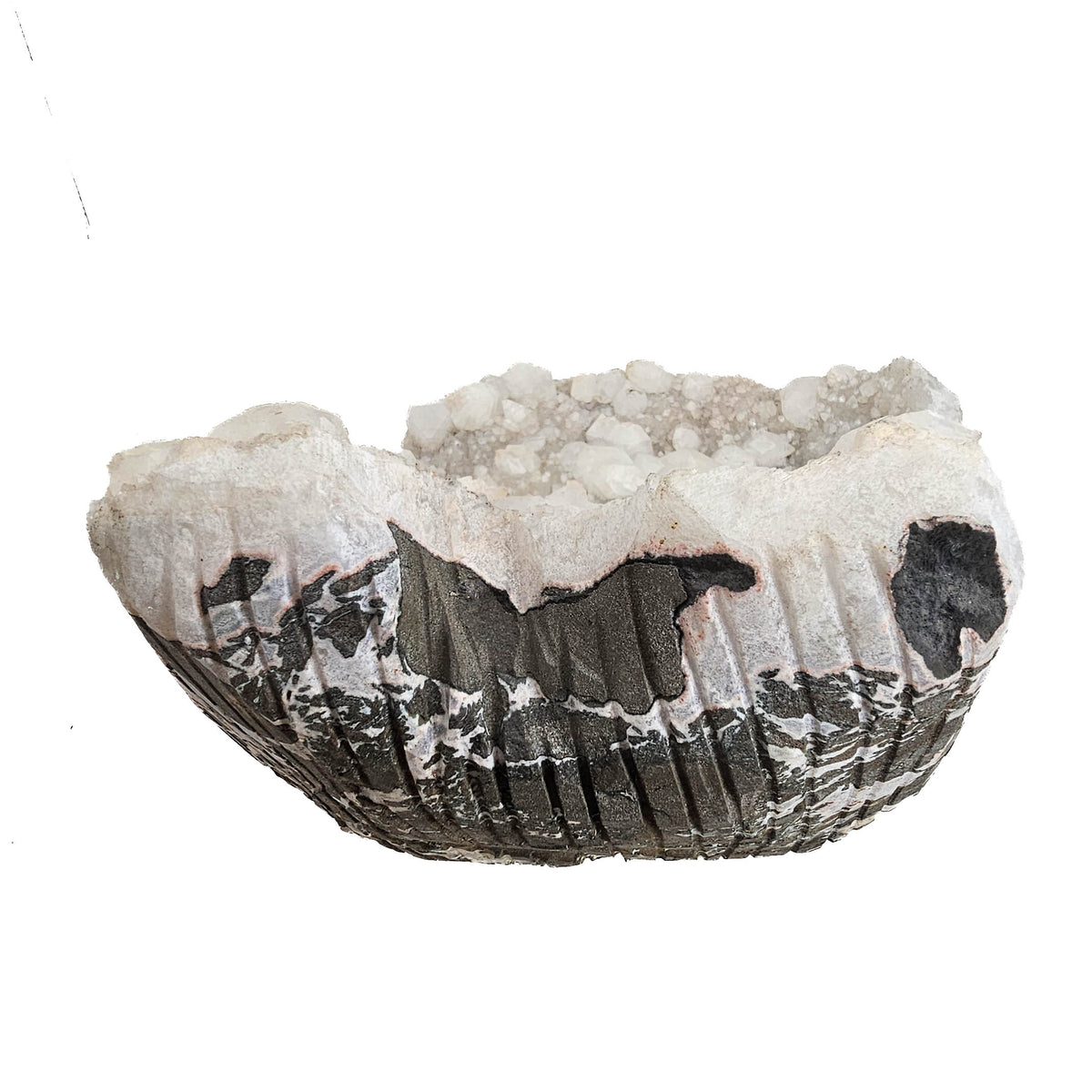 Apophyllite on quartz specimen from Maharashtra, India – low back view of the basalt rind
