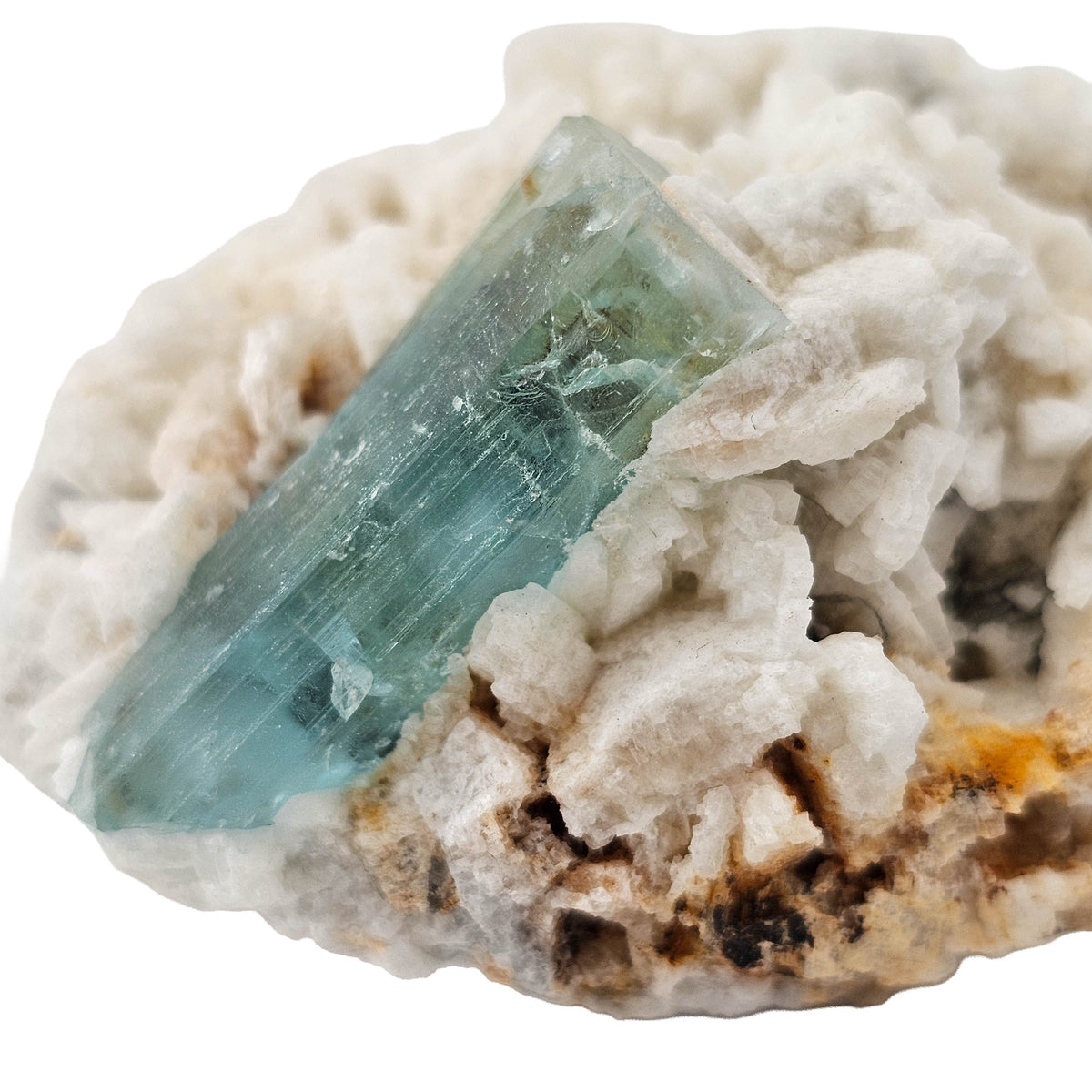 Aquamarine (Beryl) with Muscovite on Feldspar specimen from Shigar Valley, Skardu District, Gilgit-Baltistan, Pakistan.