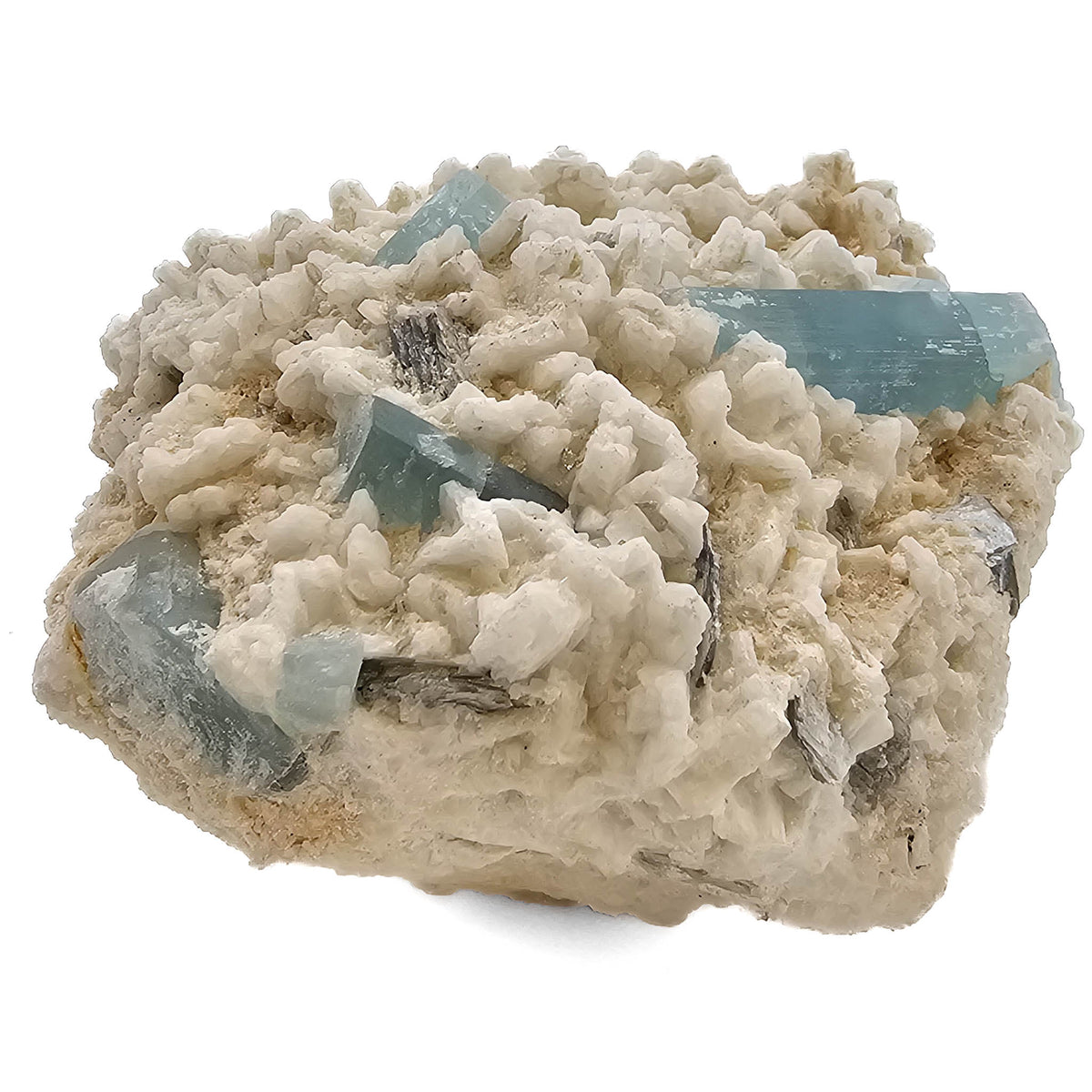 Aquamarine (Beryl) on Feldspar (Microcline) specimen from Shigar Valley, Skardu District, Gilgit-Baltistan, Pakistan.