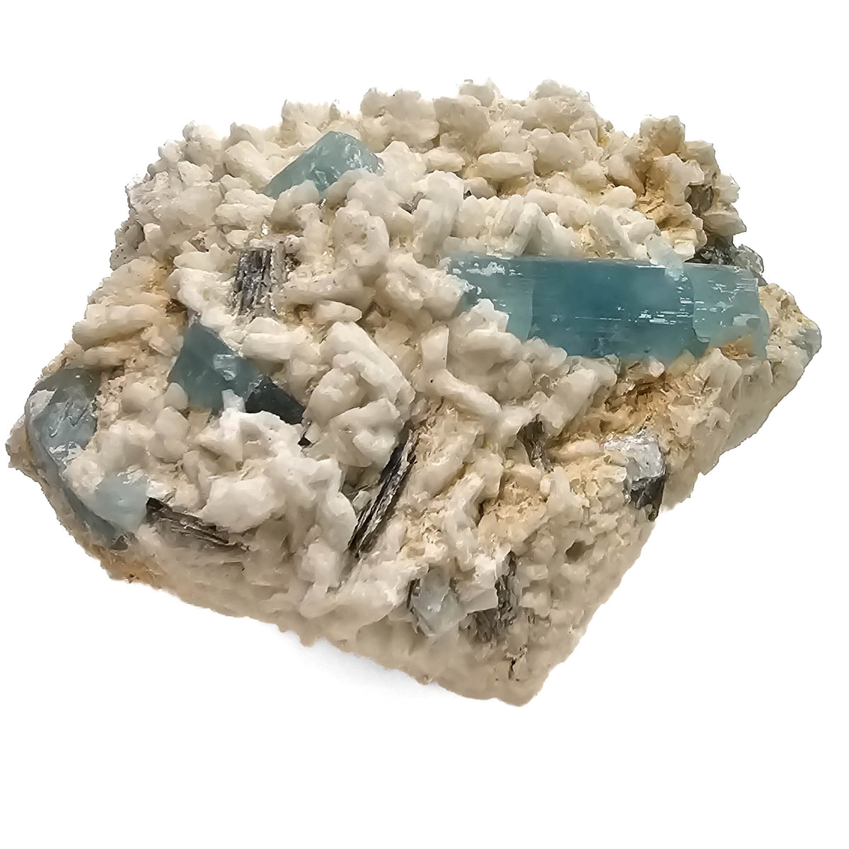 Aquamarine (Beryl) on Feldspar (Microcline) specimen from Shigar Valley, Skardu District, Gilgit-Baltistan, Pakistan.