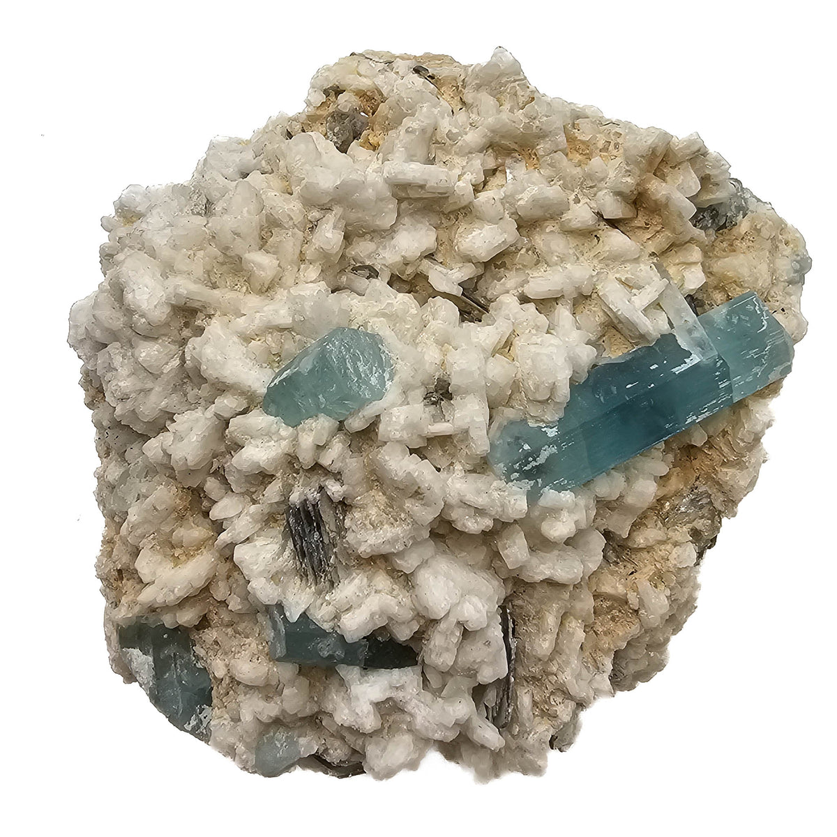 Aquamarine (Beryl) on Feldspar (Microcline) specimen from Shigar Valley, Skardu District, Gilgit-Baltistan, Pakistan.