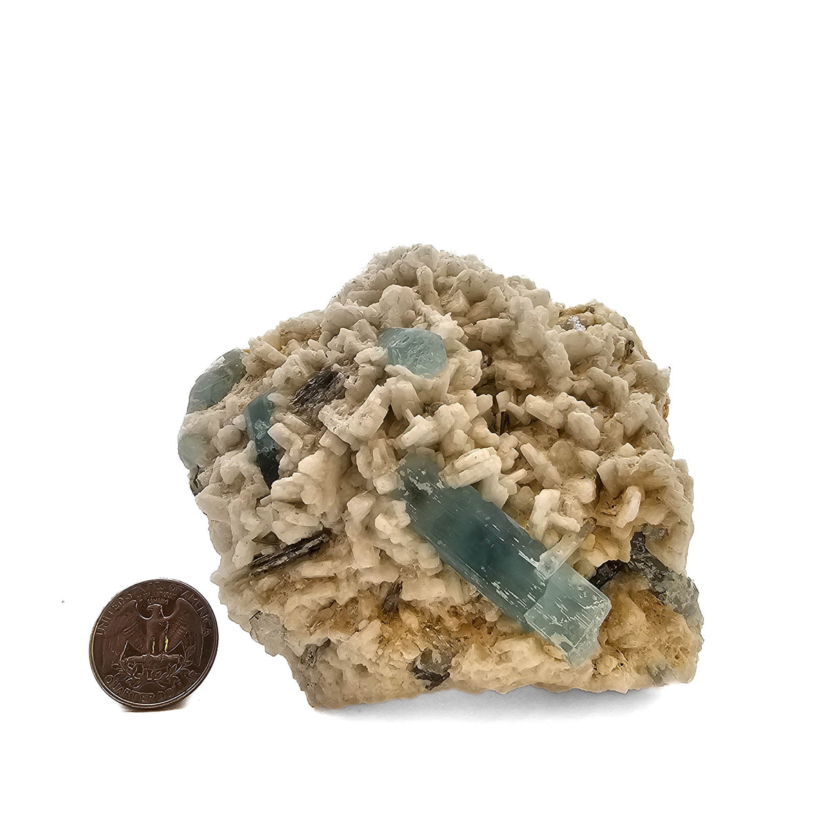 Aquamarine (Beryl) on Feldspar (Microcline) specimen from Shigar Valley, Skardu District, Gilgit-Baltistan, Pakistan.