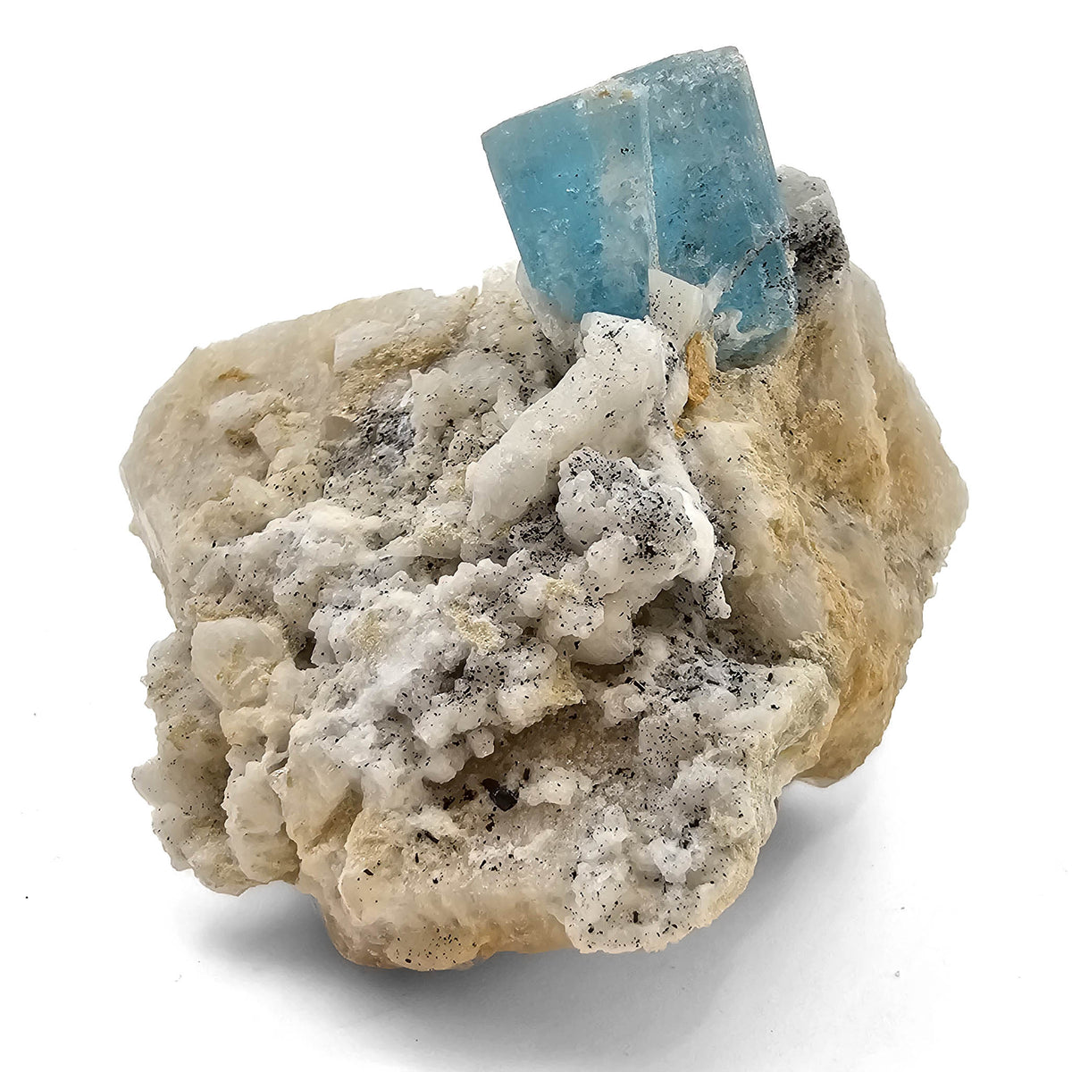 Aquamarine (Beryl) on Feldspar (Microcline) specimen from Shigar Valley, Skardu District, Gilgit-Baltistan, Pakistan.