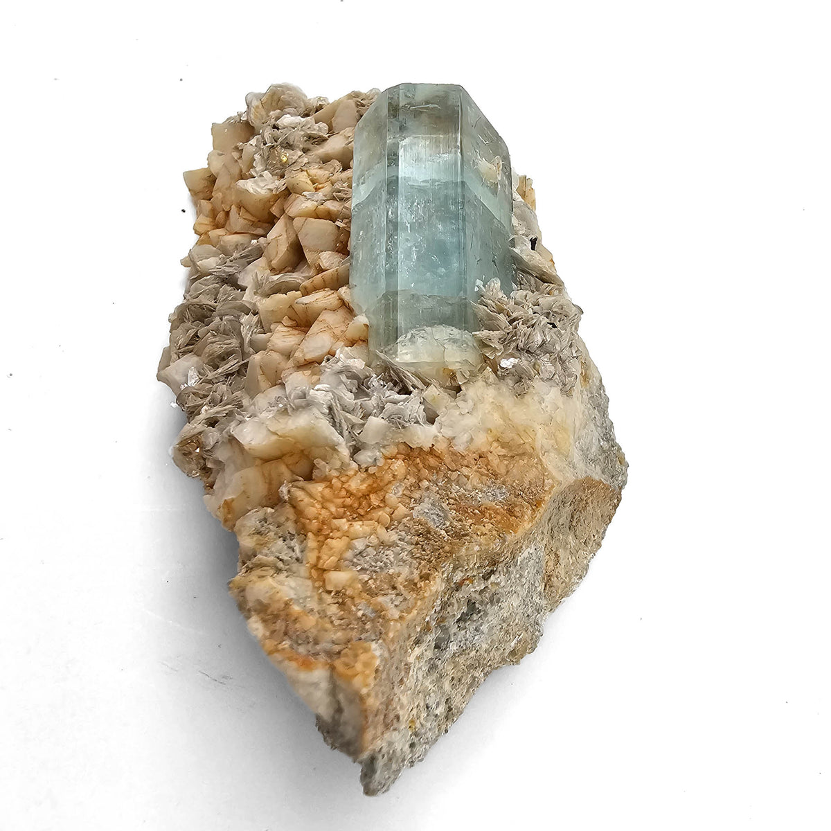 Aquamarine (Beryl) with Feldspar and Muscovite specimen from Shigar Valley, Skardu District, Gilgit-Baltistan, Pakistan.