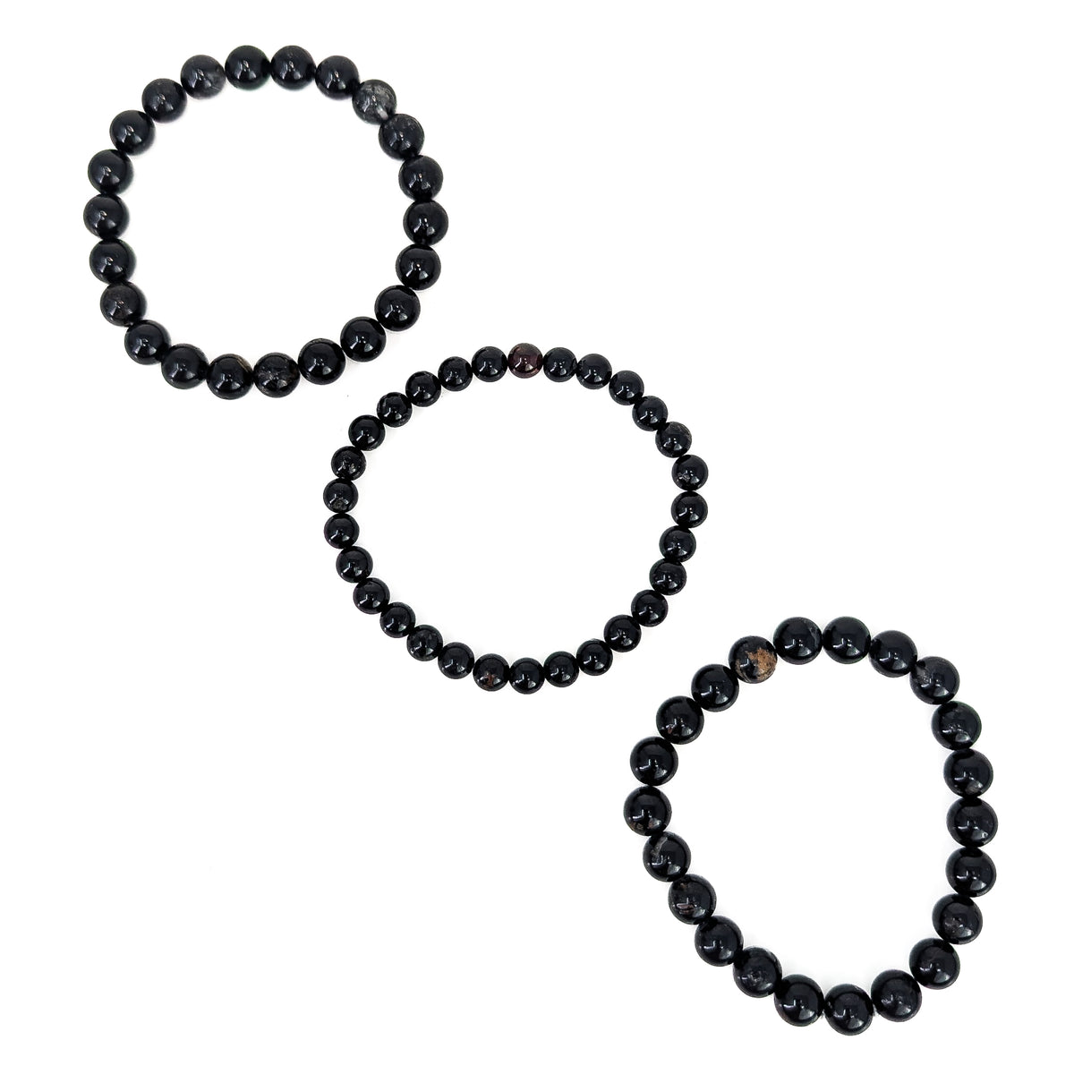 Black tourmaline bead bracelet: three bracelets in a line