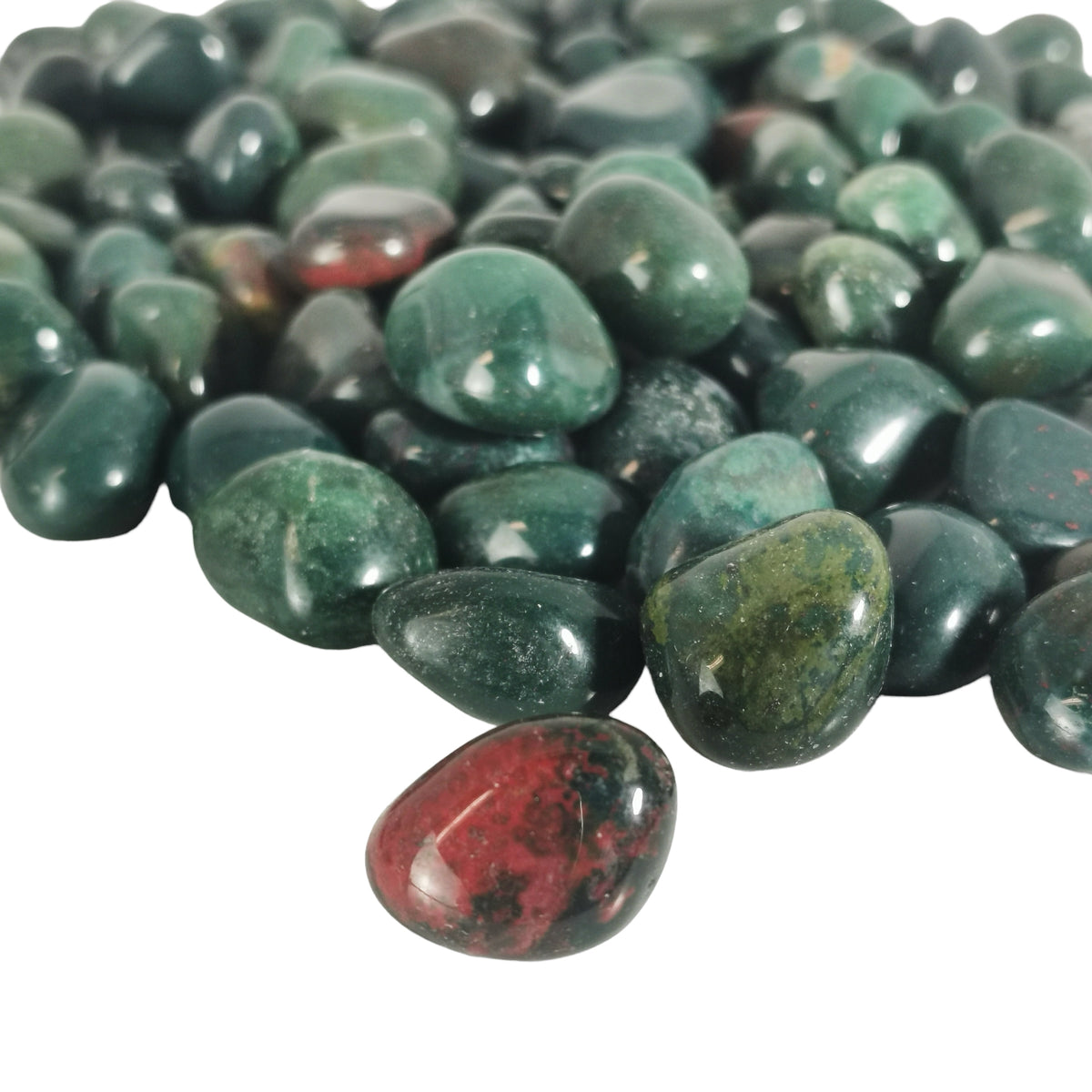 Bloodstone tumble, a variety of chalcedony, from India.