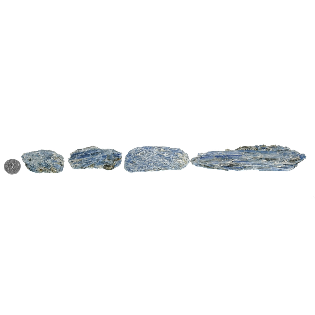 Blue kyanite from Brazil – row of sizes with a coin