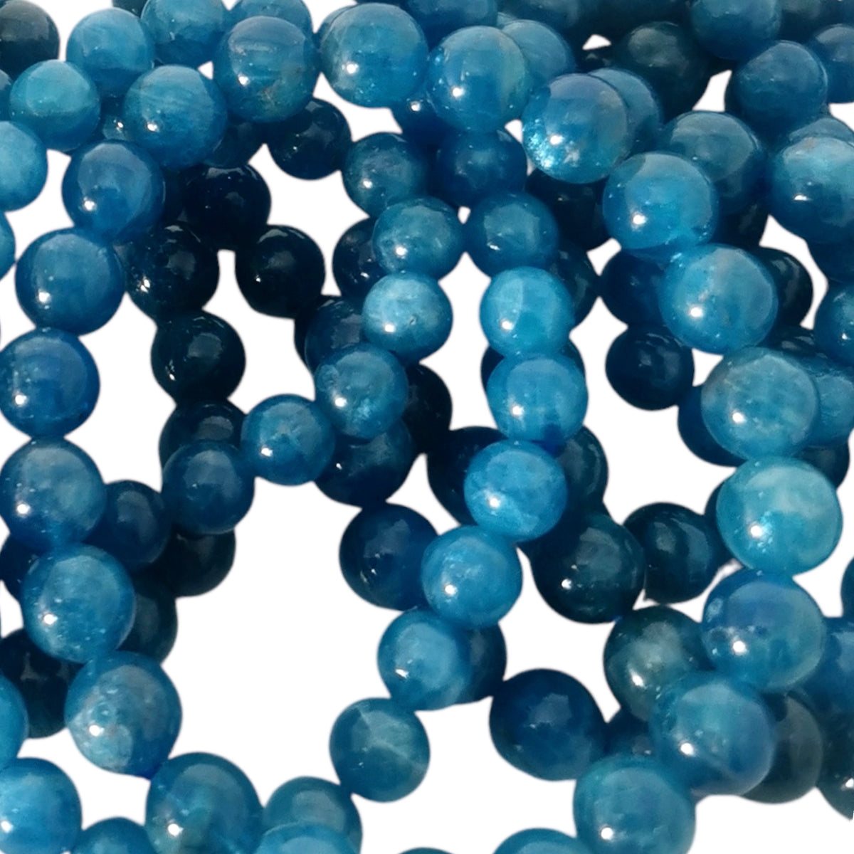 Blue apatite round bead bracelet – close-up of many beads