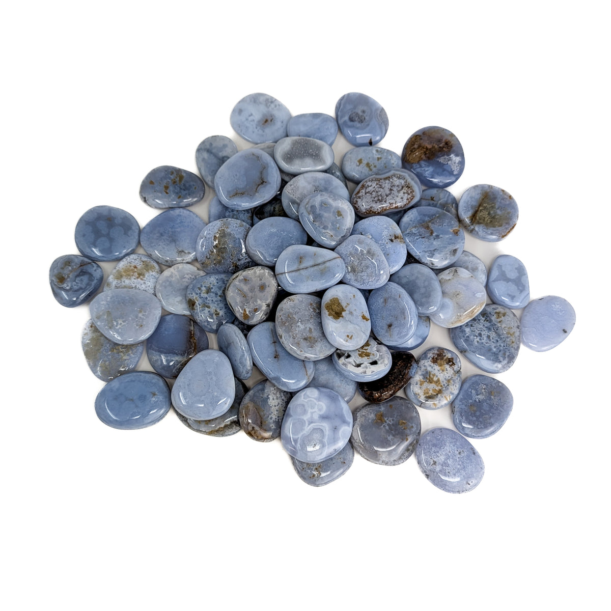 Blue Lace Agate mini freeform palm, a variety of chalcedony, from Namibia.
