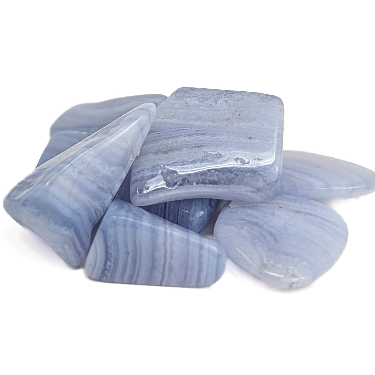 Blue Lace Agate tumble, a variety of chalcedony, from Namibia.