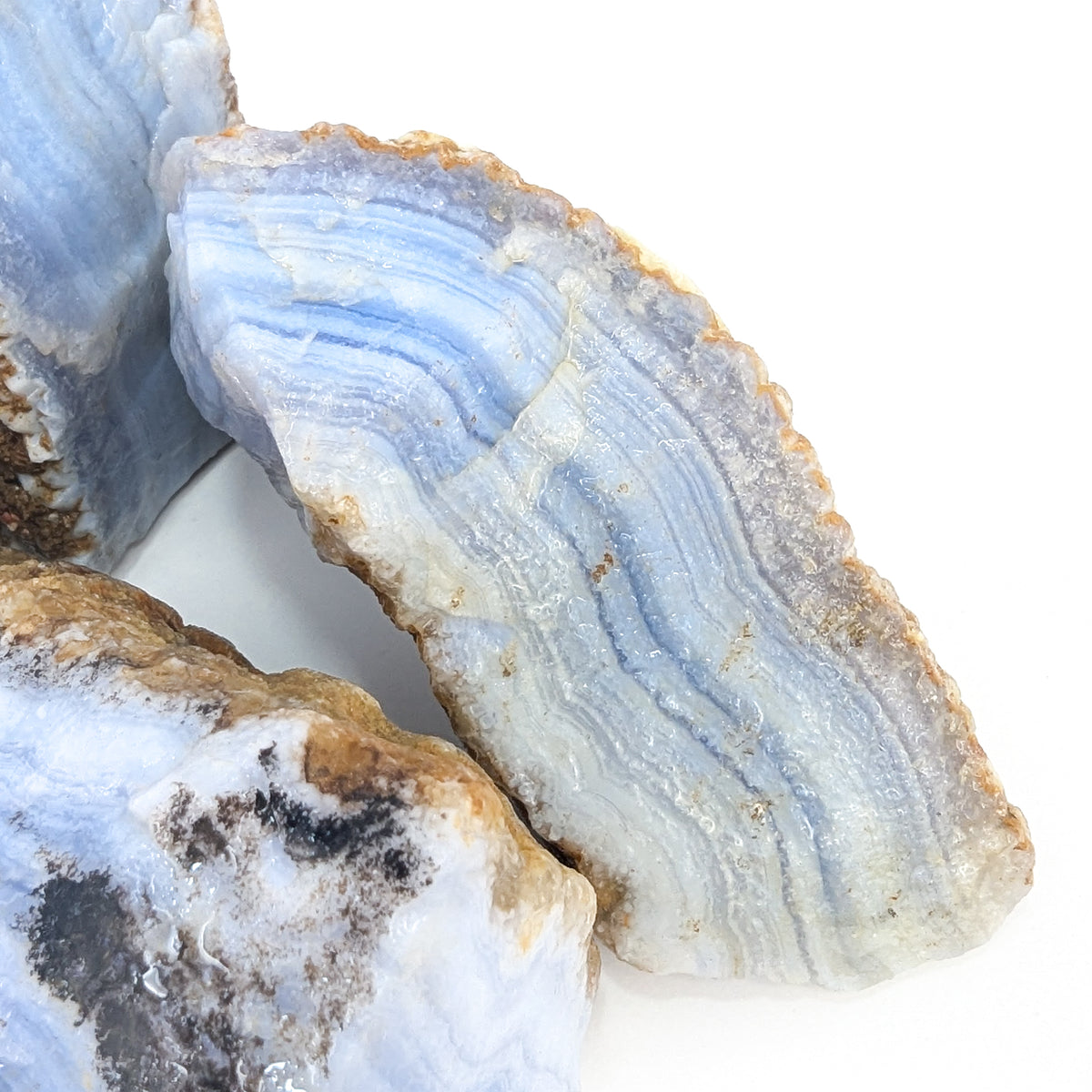 Blue Lace Agate rough, a variety of chalcedony, from Namibia.