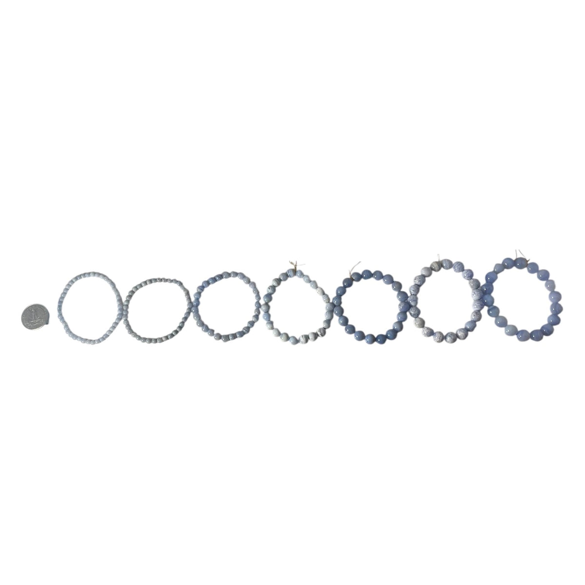 Blue lace agate round bead bracelet – row of sizes with a coin