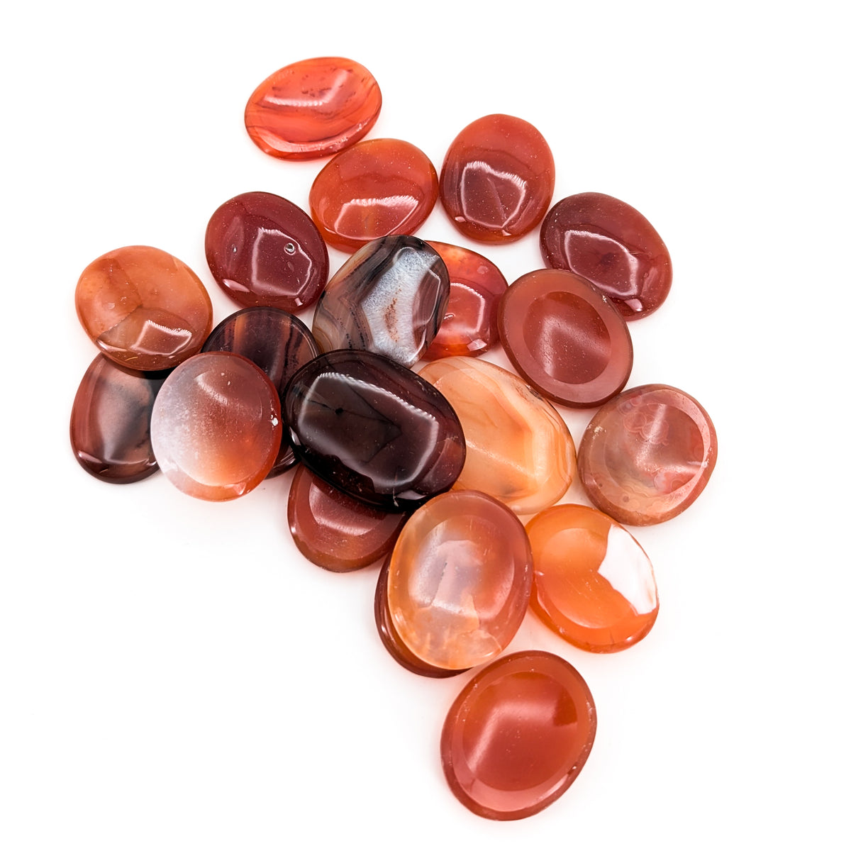 Carnelian worry stone, a variety of chalcedony, from India.