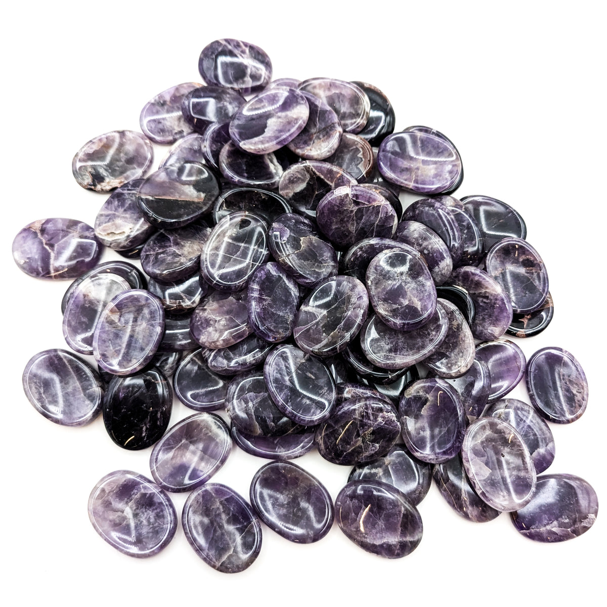 Chevron Amethyst worry stone, a variety of quartz, from Madagascar.