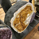 Citrine with Calcite - Polished Half Geode on Stand - Statement Specimen