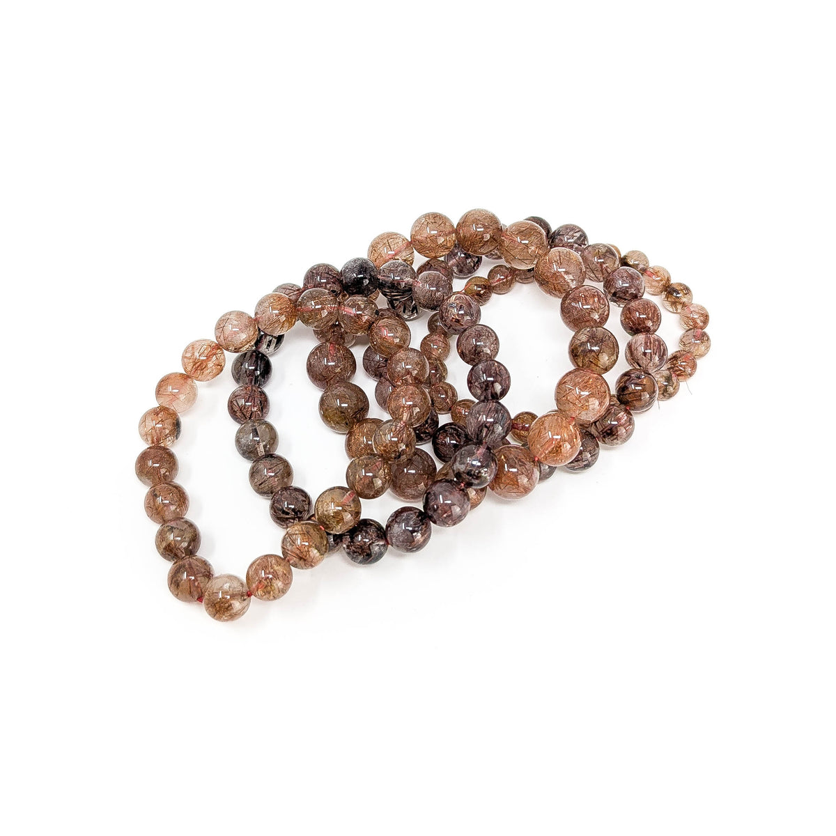 Copper rutile in quartz bead bracelet from Brazil – row of stacked bracelets