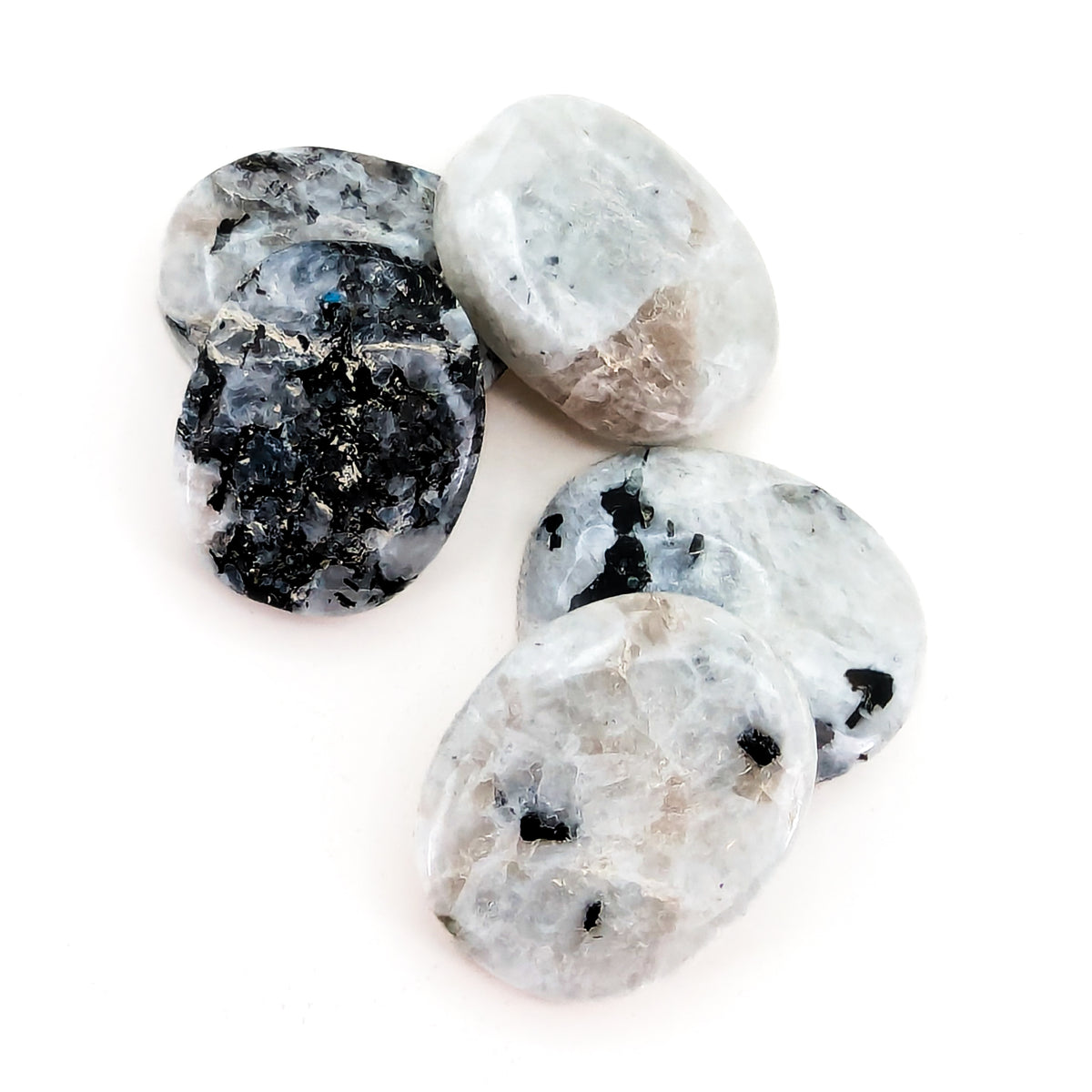 Rainbow Moonstone worry stone, a feldspar, from India.