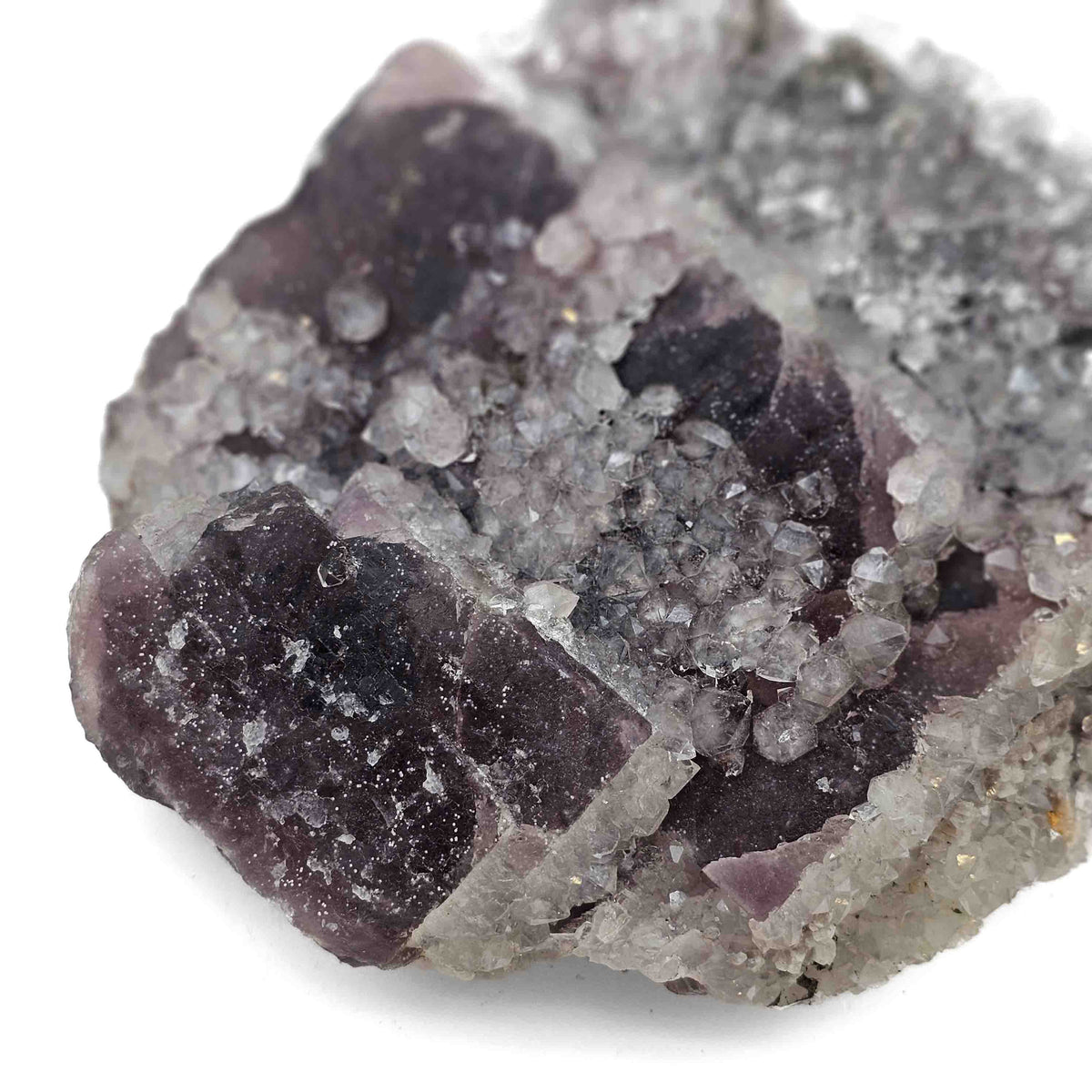 Pyrite and Quartz on Purple Fluorite specimen from El Hammam mining district, Morocco.