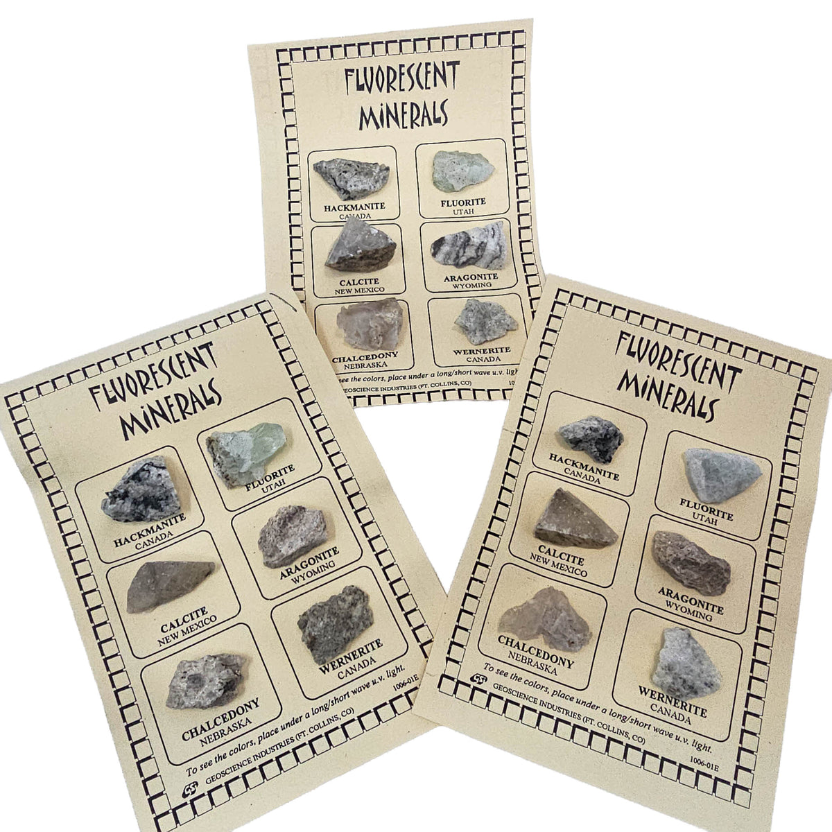 Fluorescent mineral education set – three cards of specimens