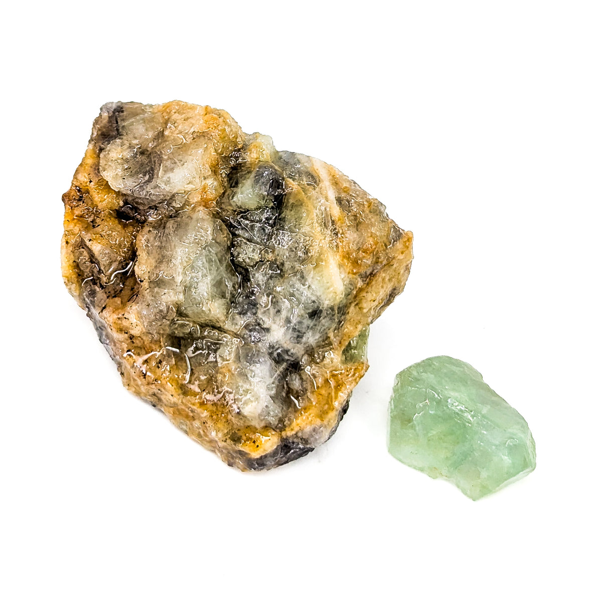 Fluorite rough from Kelowna, BC – crusted piece and green piece