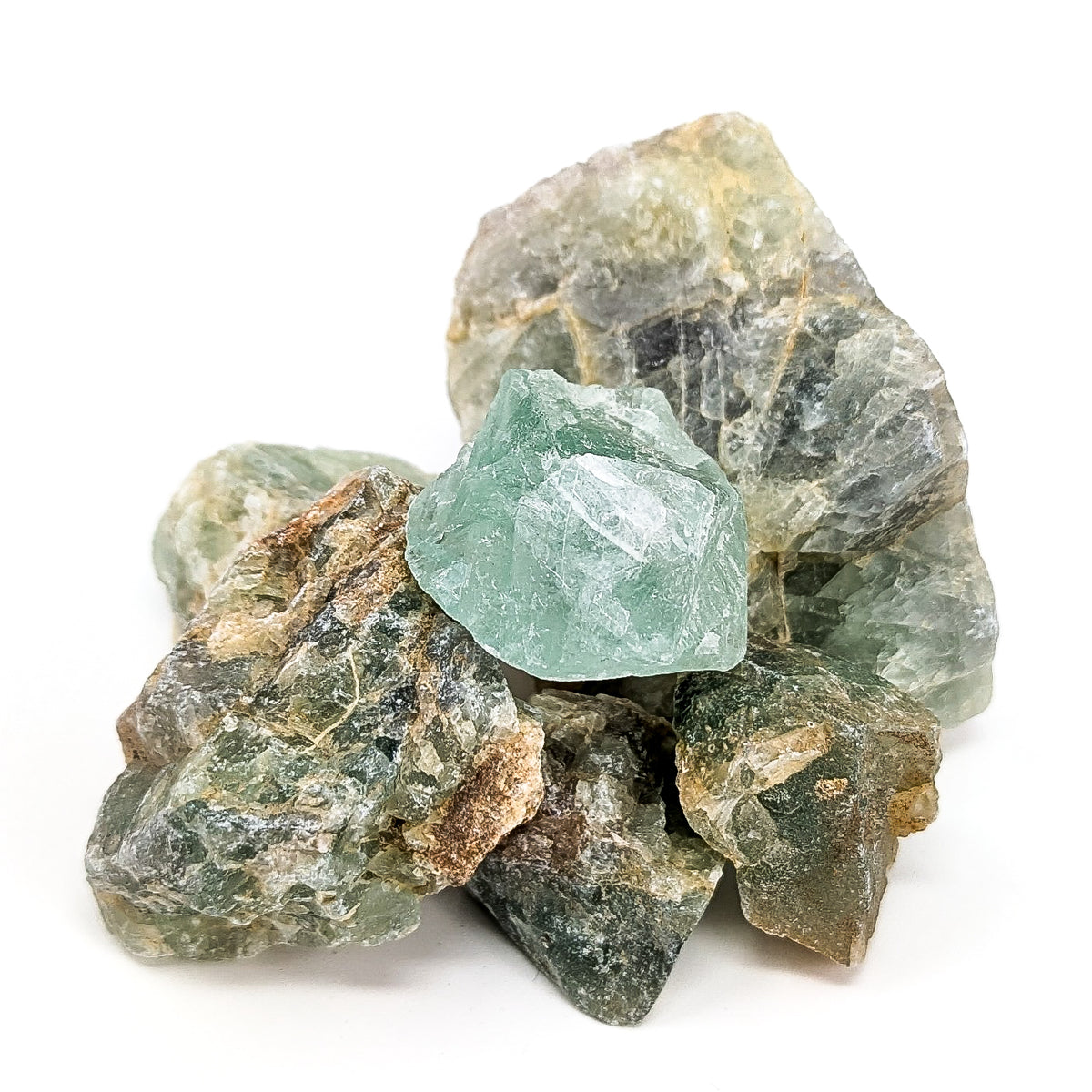 Fluorite rough from Kelowna, BC – stack with green crystal