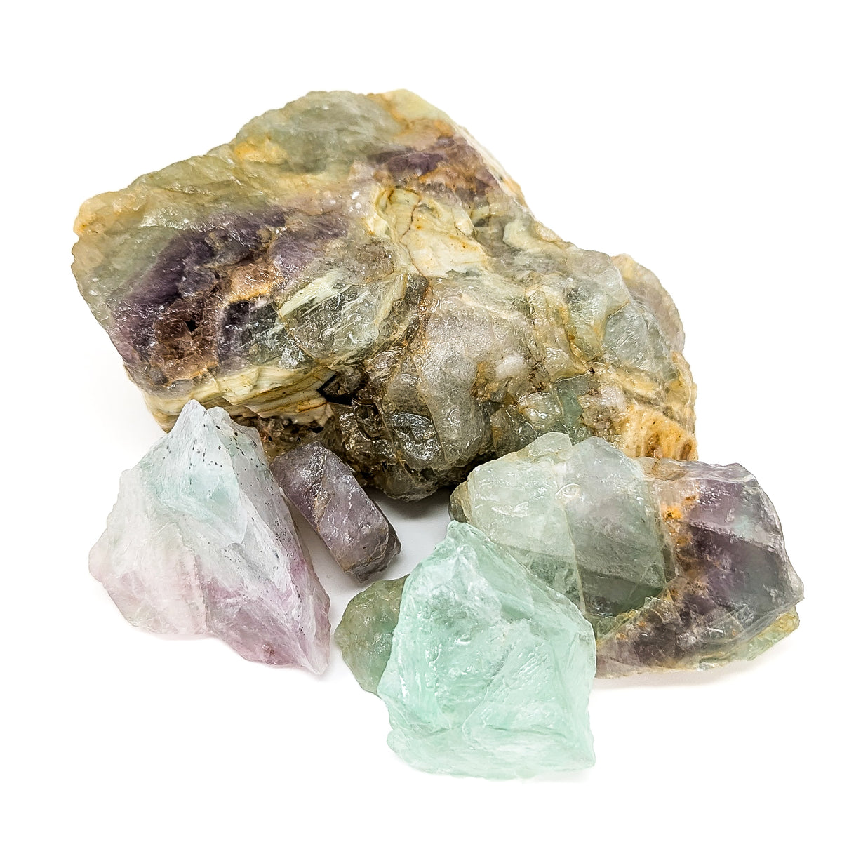 Fluorite rough from Kelowna, BC – pile with clear green pieces