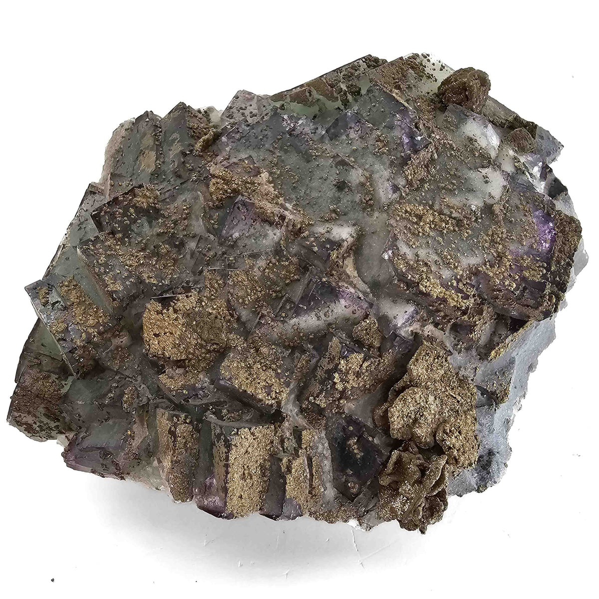 Chalcopyrite and Pyrite on Green Fluorite specimen from El Hammam Mine, Meknes-Khemisset area, Morocco.