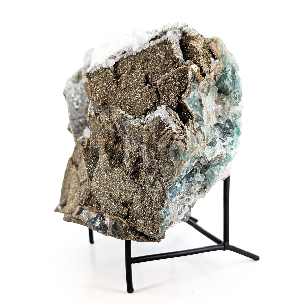 Fluorite with Pyrite and Aragonite specimen, most likely from Sidi Ayad, Boulemane, Morocco.