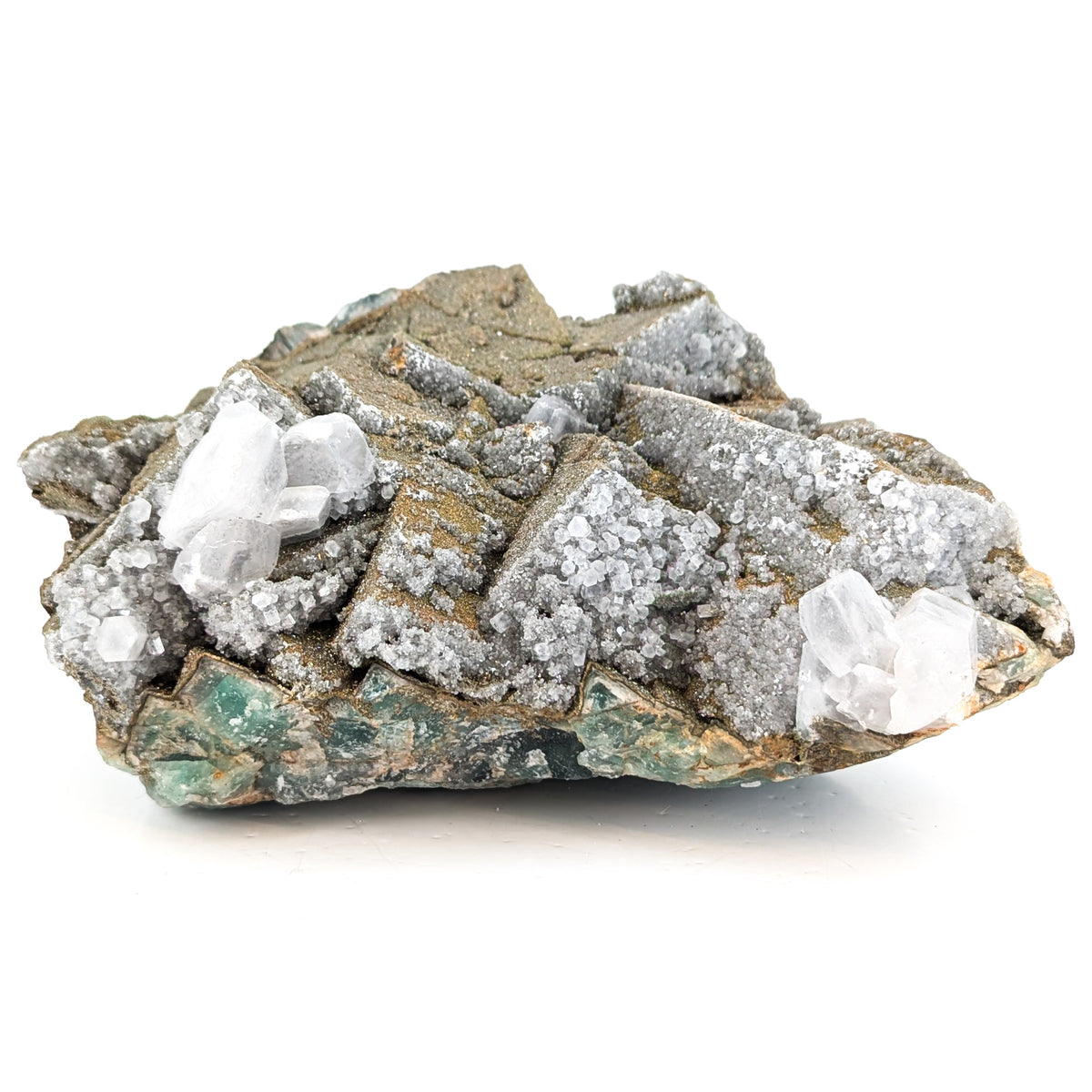 Fluorite with Pyrite and Aragonite specimen, most likely from Sidi Ayad, Boulemane, Morocco.
