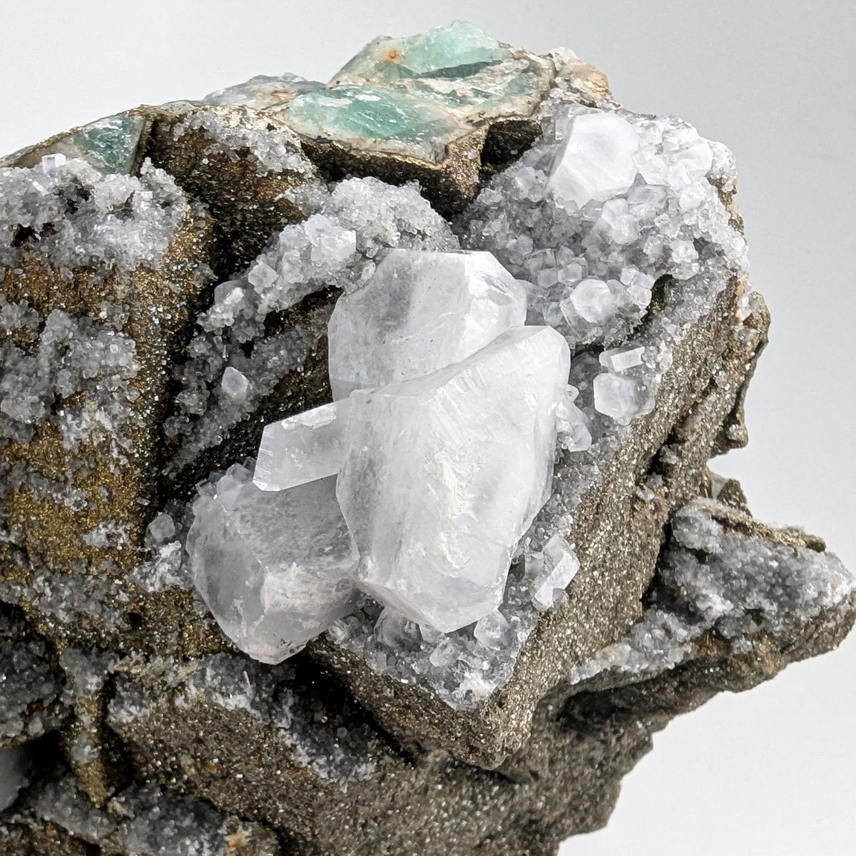 Fluorite with Pyrite and Aragonite specimen, most likely from Sidi Ayad, Boulemane, Morocco.